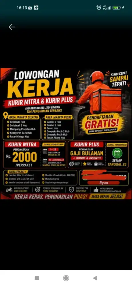 Di butuhkan kurir untuk area Mampang, Pancoran,kalibata, Kemang,