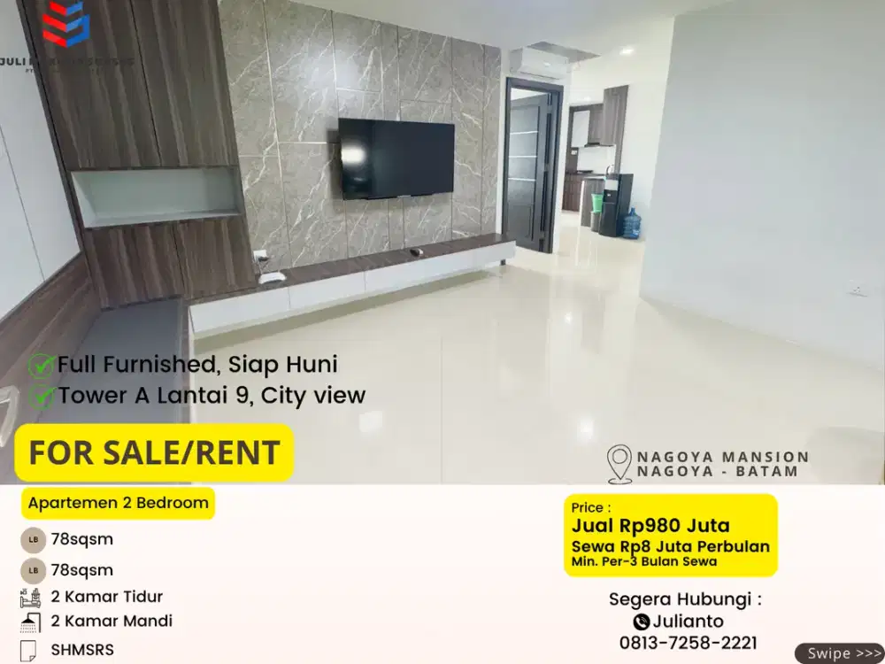 Disewa Apartemen 2BR Full Furnished di Nagoya Mansion Batam