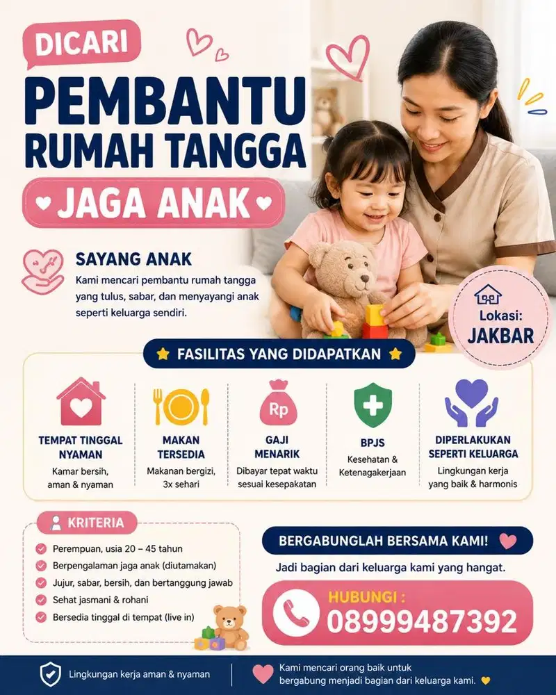 Dicari Asisten Rumah Tangga - Live In - Jaga Anak