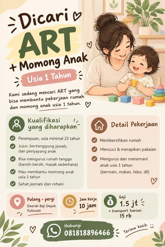 ART dan momong anak PP kukusan beji depok