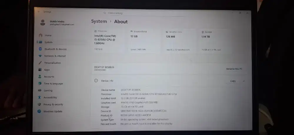 Dijual Laptop Lenovo I5 Gen 8 Ram 12Gb 1TB !!!