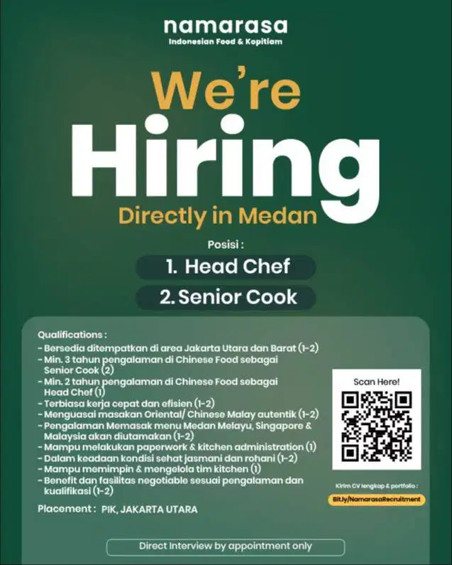 FNB HEAD CHEF DAN SR. COOK LANGSUNG SEND CV