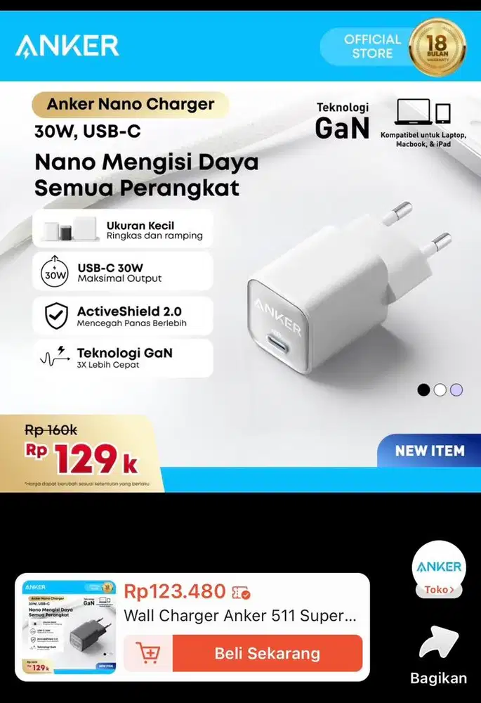 kepala charger Anker 30watt original (second)