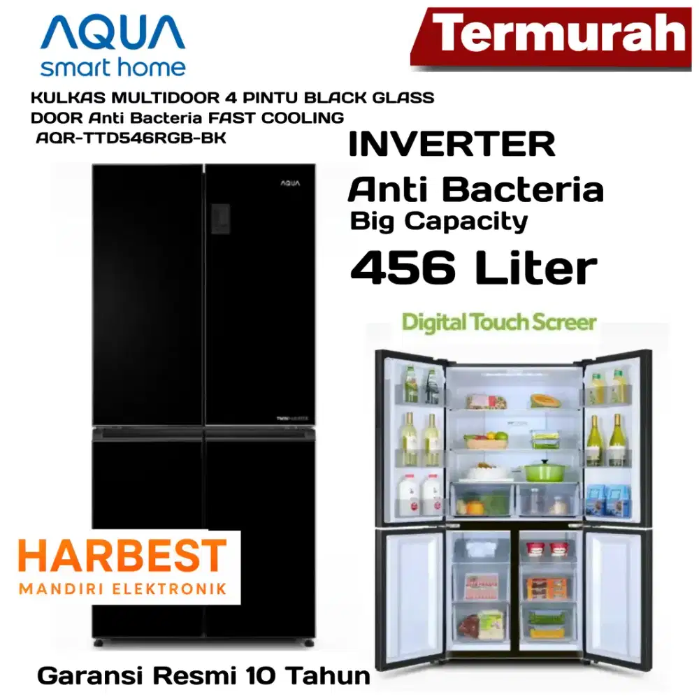 AQUA Japan Kulkas 4 PINTU INVERTER Black GLASS DOOR  AQR-TTD546RGB-BK
