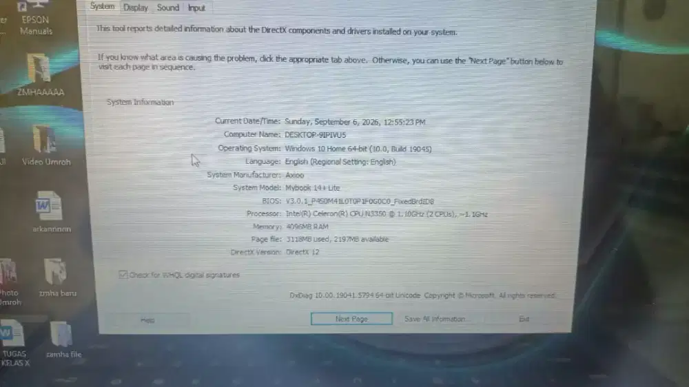 Lactop Axioo mybook 14+ lite N3350 ram 4 SSD 128 mlus pol normal semua
