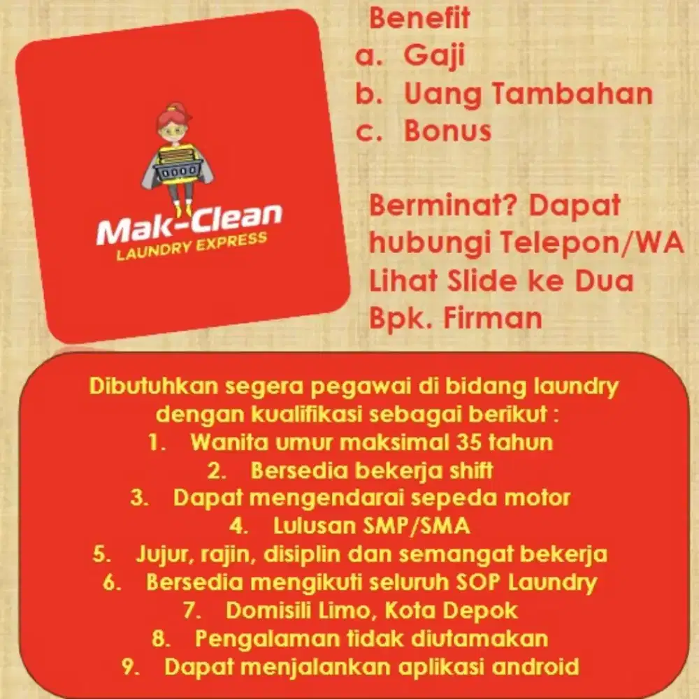 LOWONGAN PEKERJAAN PEGAWAI LAUNDRY