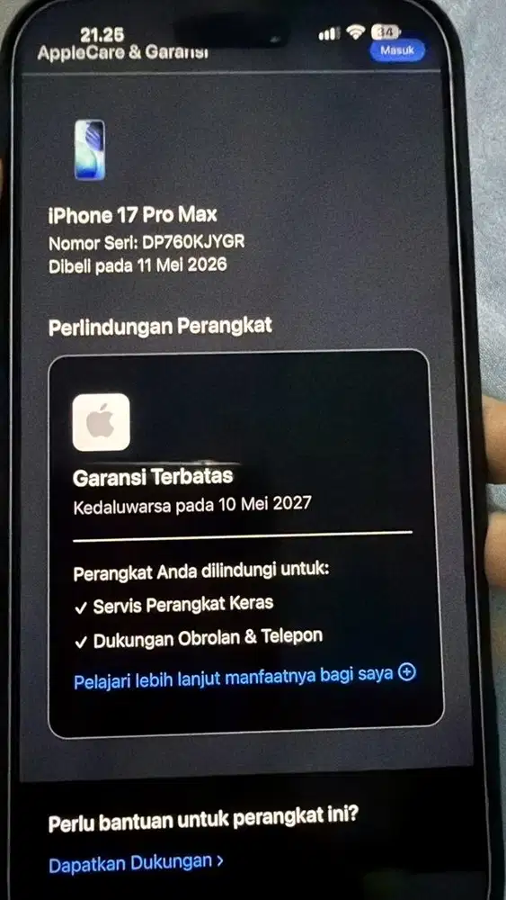 DIJUAL IPHONE 17 promax 256 gb silver like new