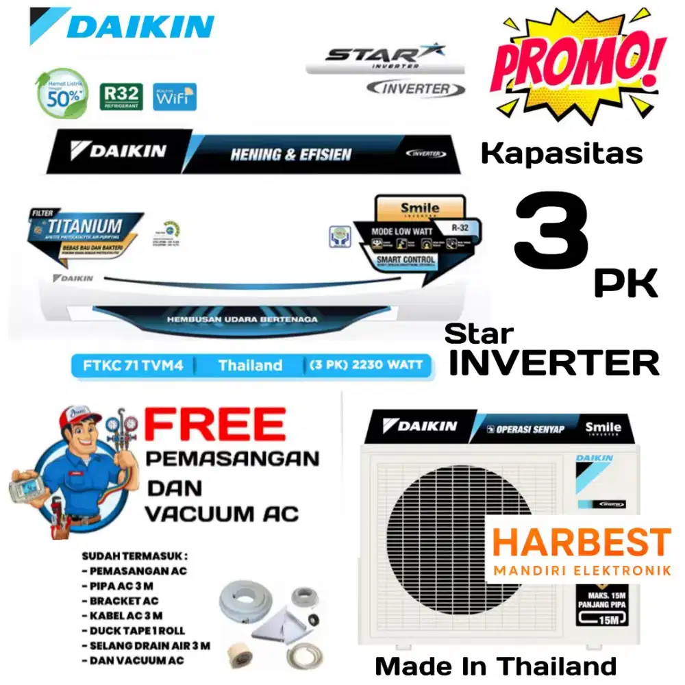 FREE PASANG! DAIKIN AC 3 PK STAR INVERTER Thailand STKC71TV FASTERCOOL