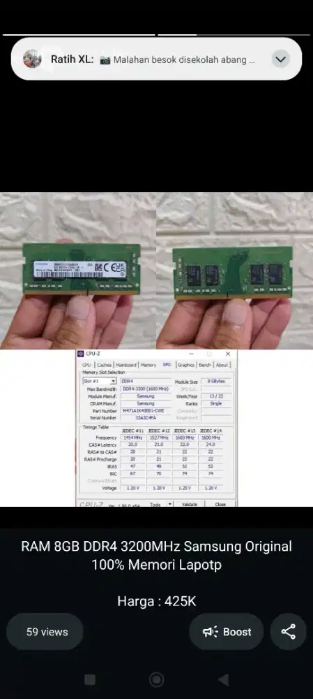 RAM 8GB DDR4 3200MHz Samsung Original 100% Memori Lapotp