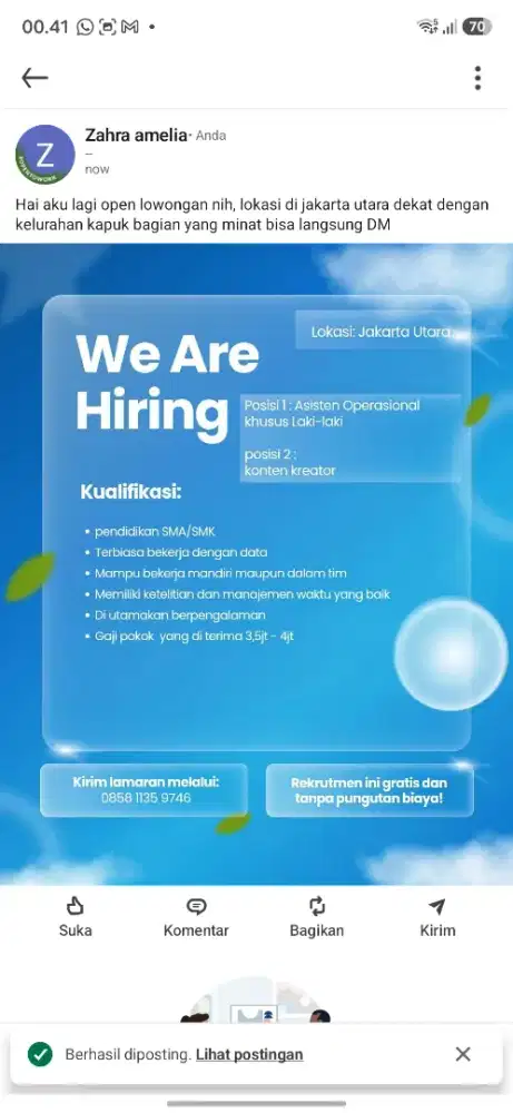 Lowongan jakarta barat Cengkareng kapuk ada 2 posisi