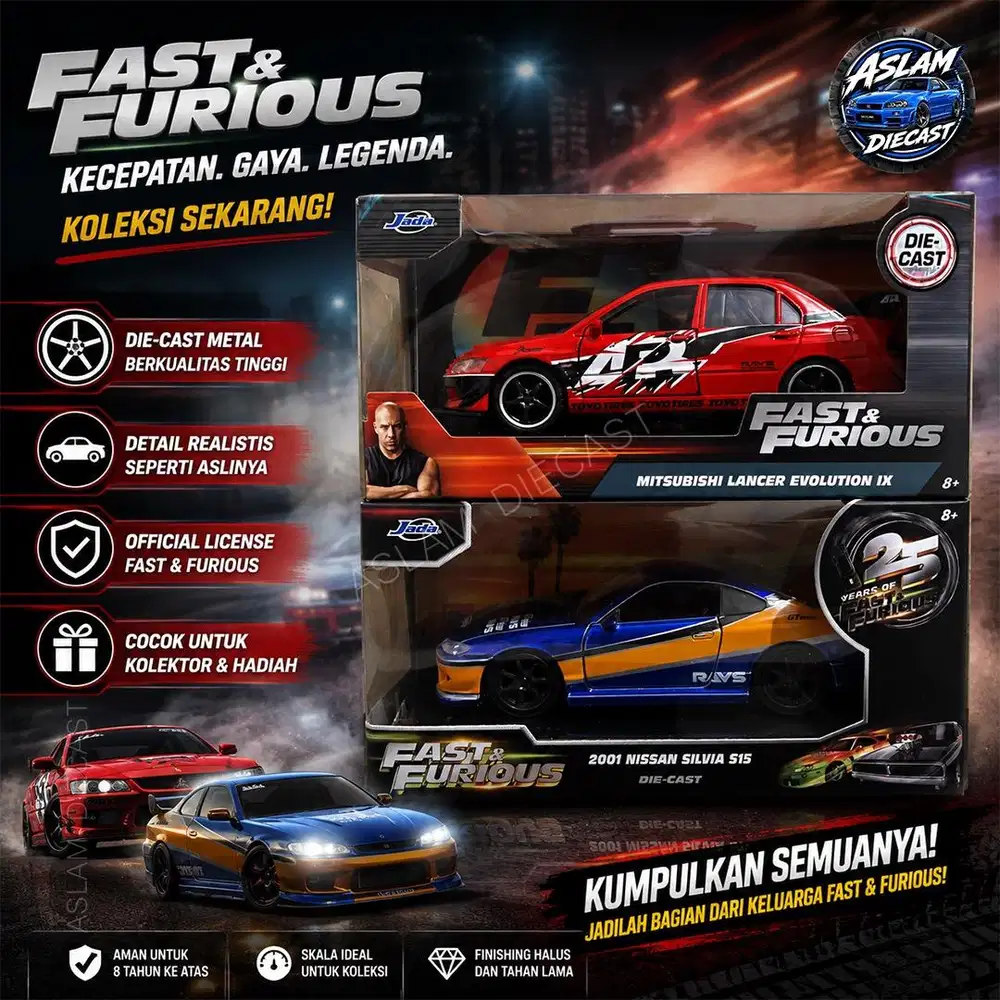 JADA Fast And Furious 1:32 Mitsubishi Lancer & Nissan Silvia Diecast