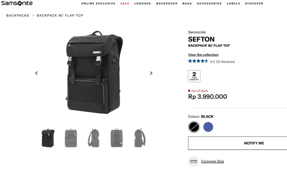 Samsonite SEFTON  BACKPACK W/ FLAP TCP (BLACK/NEW)