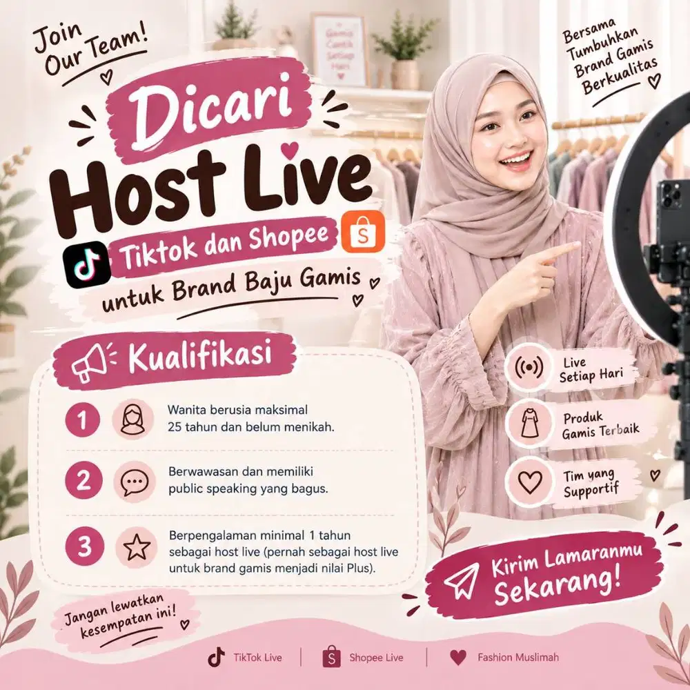 Dicari Host Live Platform Shopee dan Tiktok untuk Brand Gamis