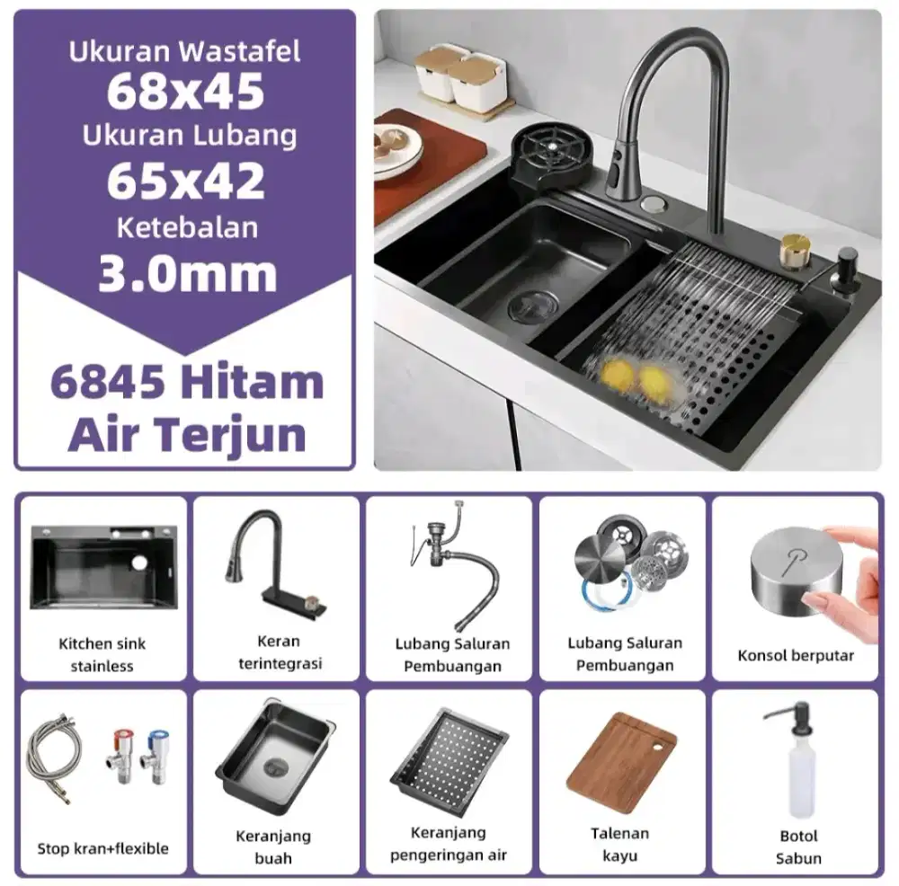 Kitchen Sink Hitam 68x45 Waterfall / Wastafel Full Set Modern