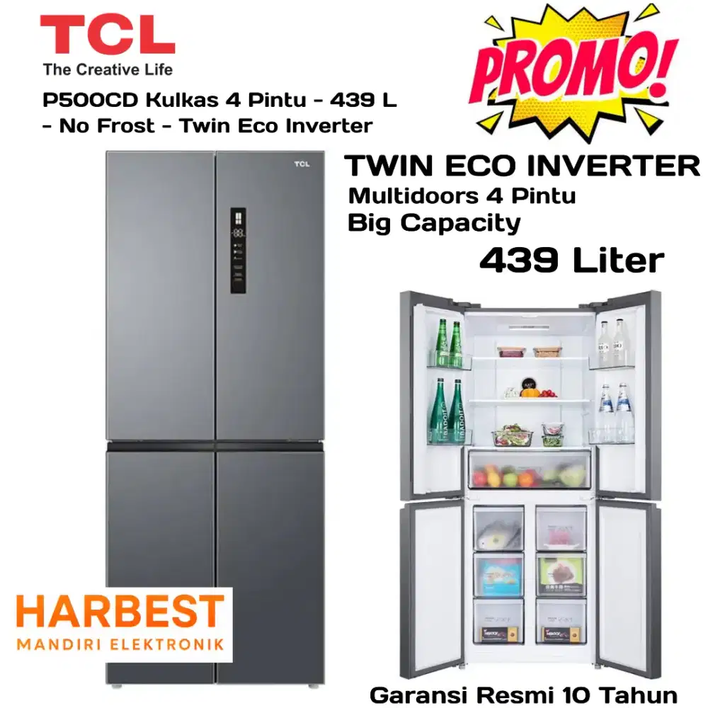 TCL Kulkas 4 Pintu TWIN ECO INVERTER P500CD 439 Liter Anti Bacteria
