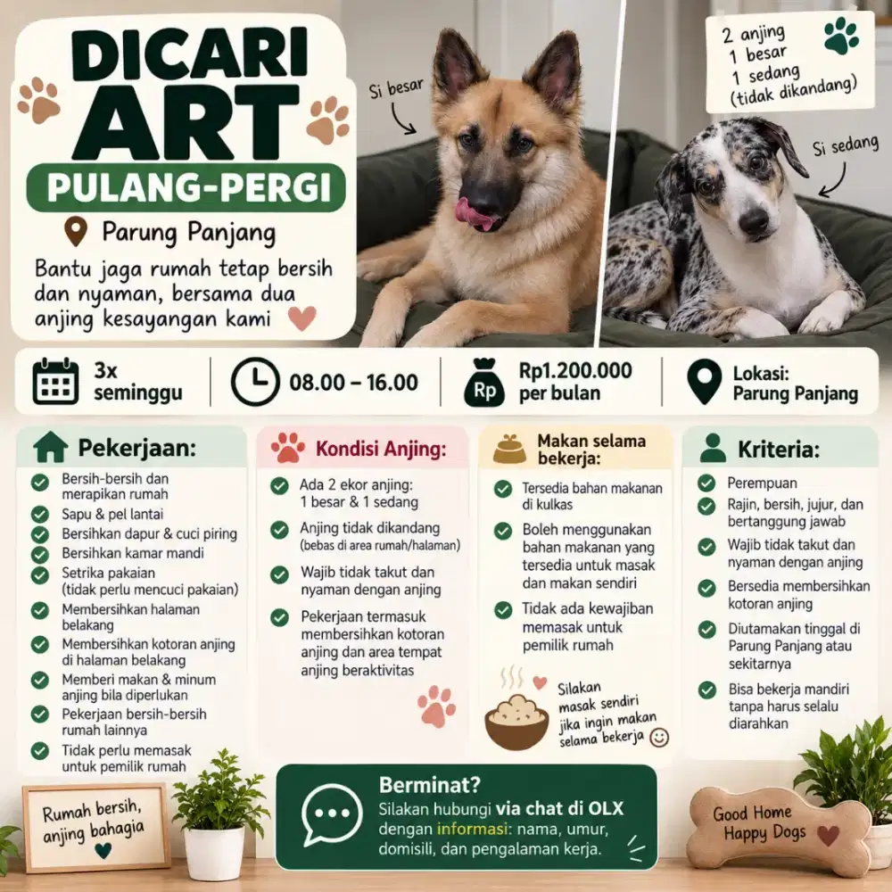 Dibutuhkan ART Pulang Pergi Parung Panjann