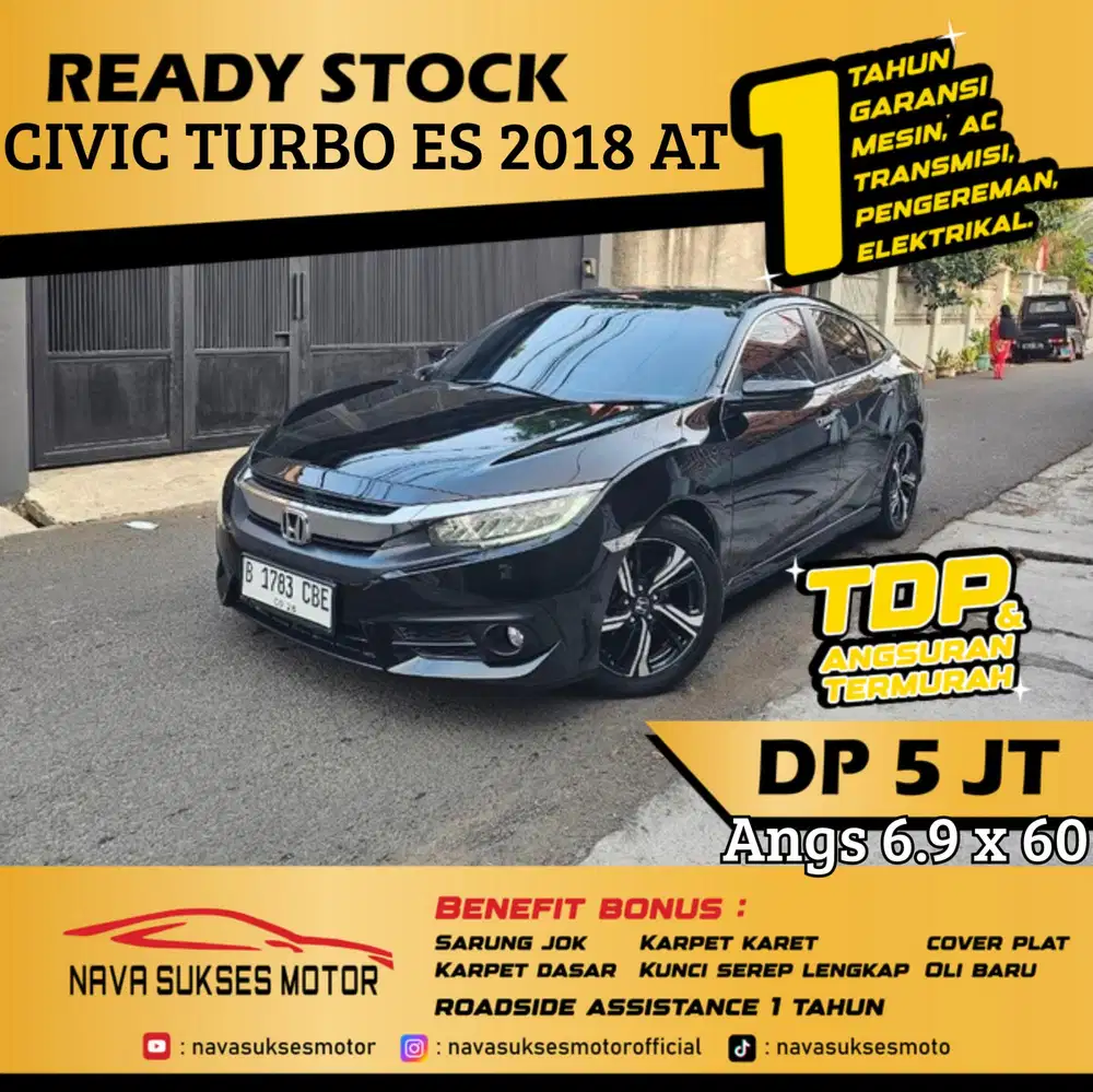 TDP 5 Jt Angs Termurah Civic Turbo ES 2018 Matic Hitam Low Km Like New