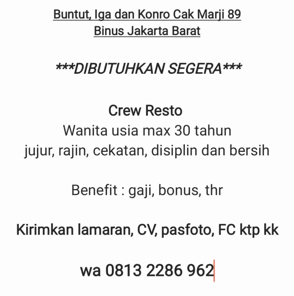 Lowongan Kerja Crew Resto Rumah Makan Binus Jakarta Barat