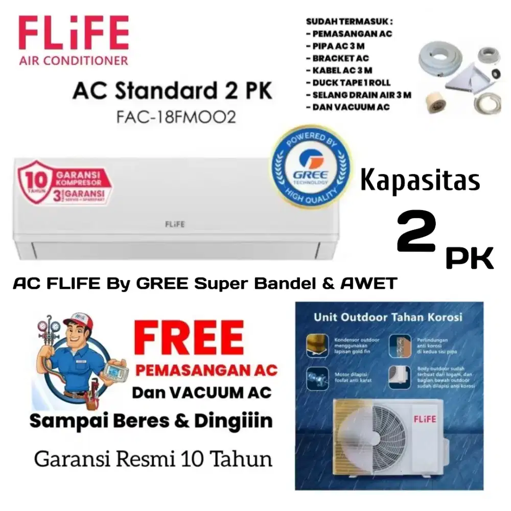 FREE PASANG! AC FLIFE By GREE 2 PK SmartCleaner R32 FAC-18MOO2 Turbo