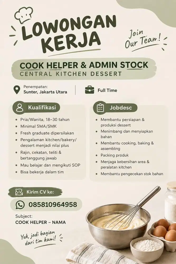 COOK HELPER CENTRAL KITCHEN DESSERT