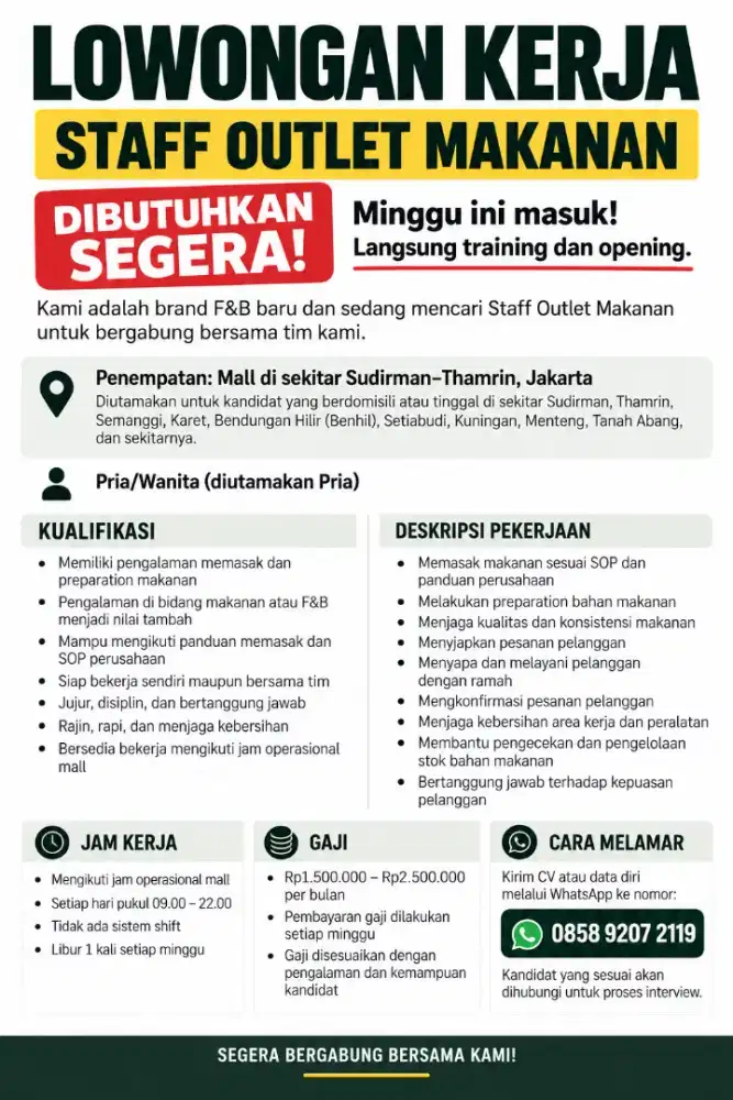 Dibutuhkan Staff Outlet Makanan/F&B Crew - Mall dekat Sudirman Thamrin