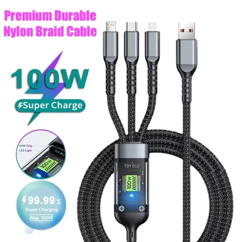 Kabel Data 3in1 100W Fast Charging Micro Type-C Lightning USB
