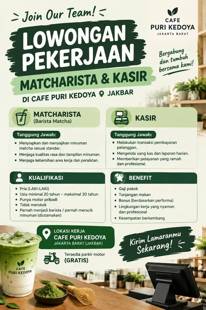 LOWONGAN KERJA MATCHARISTA & KASIR DI CAFE PURI KEDOYA JAKBAR