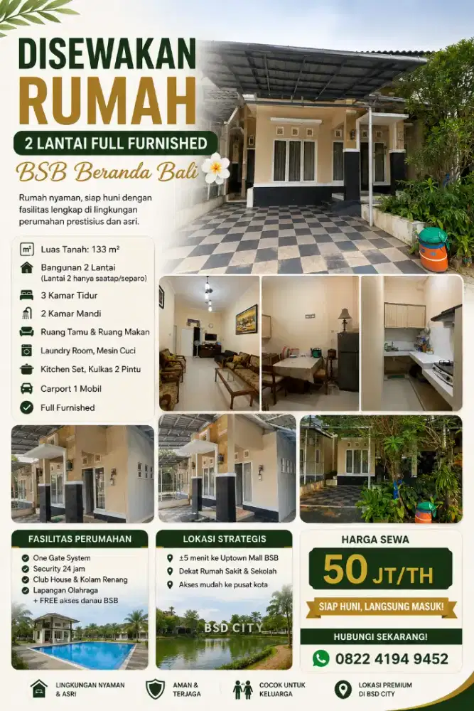 DISEWAKAN MURAH FULL FURNISHED 2LANTAI BSB BERANDA BALI