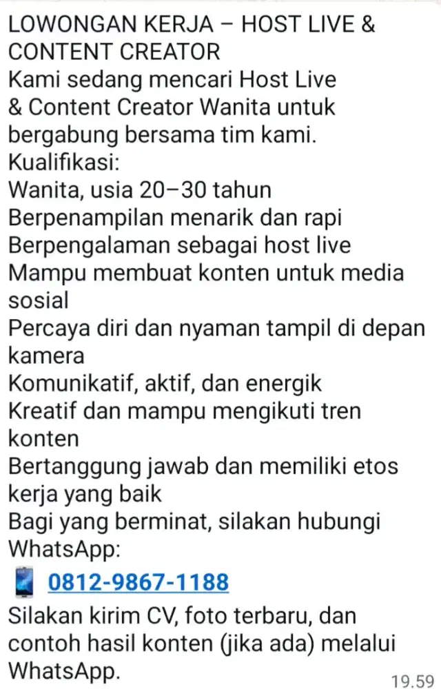 Lowongan kerja HOST LIVE dan CONTENT KREATOR