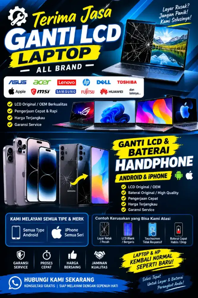 JASA GANTI LCD LAPTOP dan HP ALL BRAND ANDROID & iPHONE LCD & BATERAI