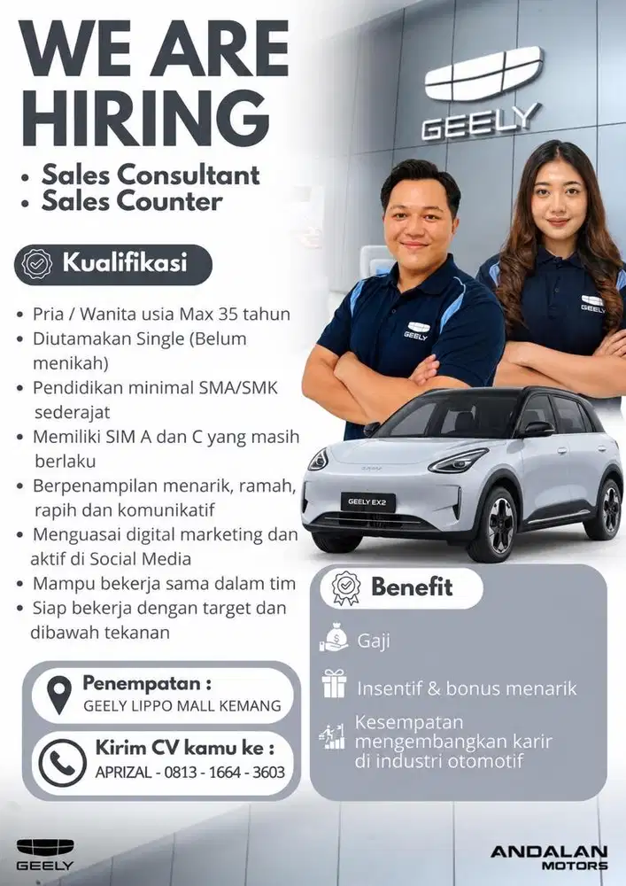 Di butuhkan Sales Geely kemang