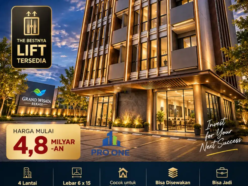RUKO 4 LANTAI GRAND WISATA, LIFT SUDAH TERSEDIA, BISA KANTOR, TENANT & SEWA PER LANTAI