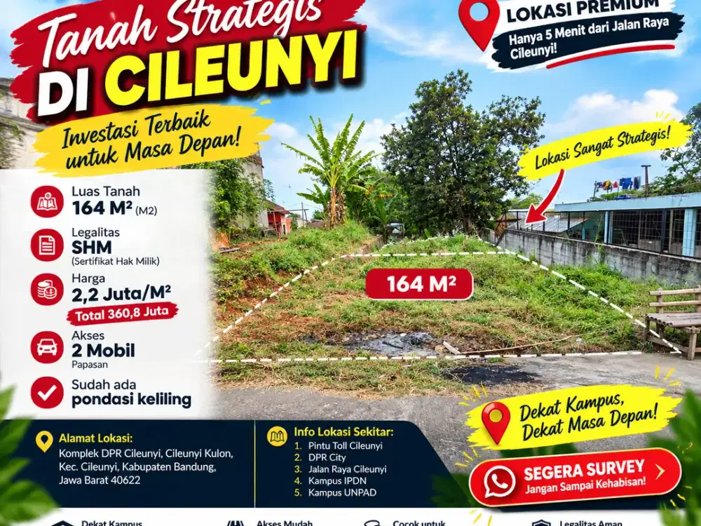 TANAH STRATEGIS CILEUNYI 164 M² — SHM, AKSES 2 MOBIL, Rp360 JUTA!