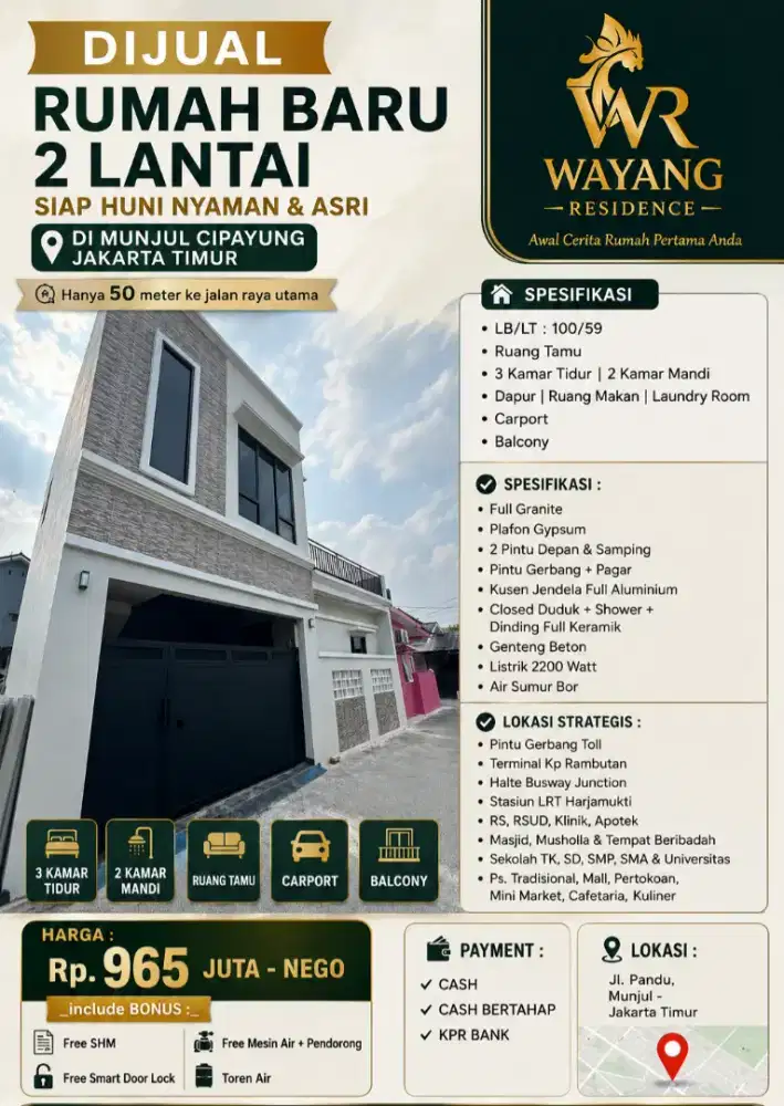 DIJUAL RUMAH BARU 2 LANTAI SIAP HUNI DI MUNJUL CIPAYUNG JAKARTA TIMUR