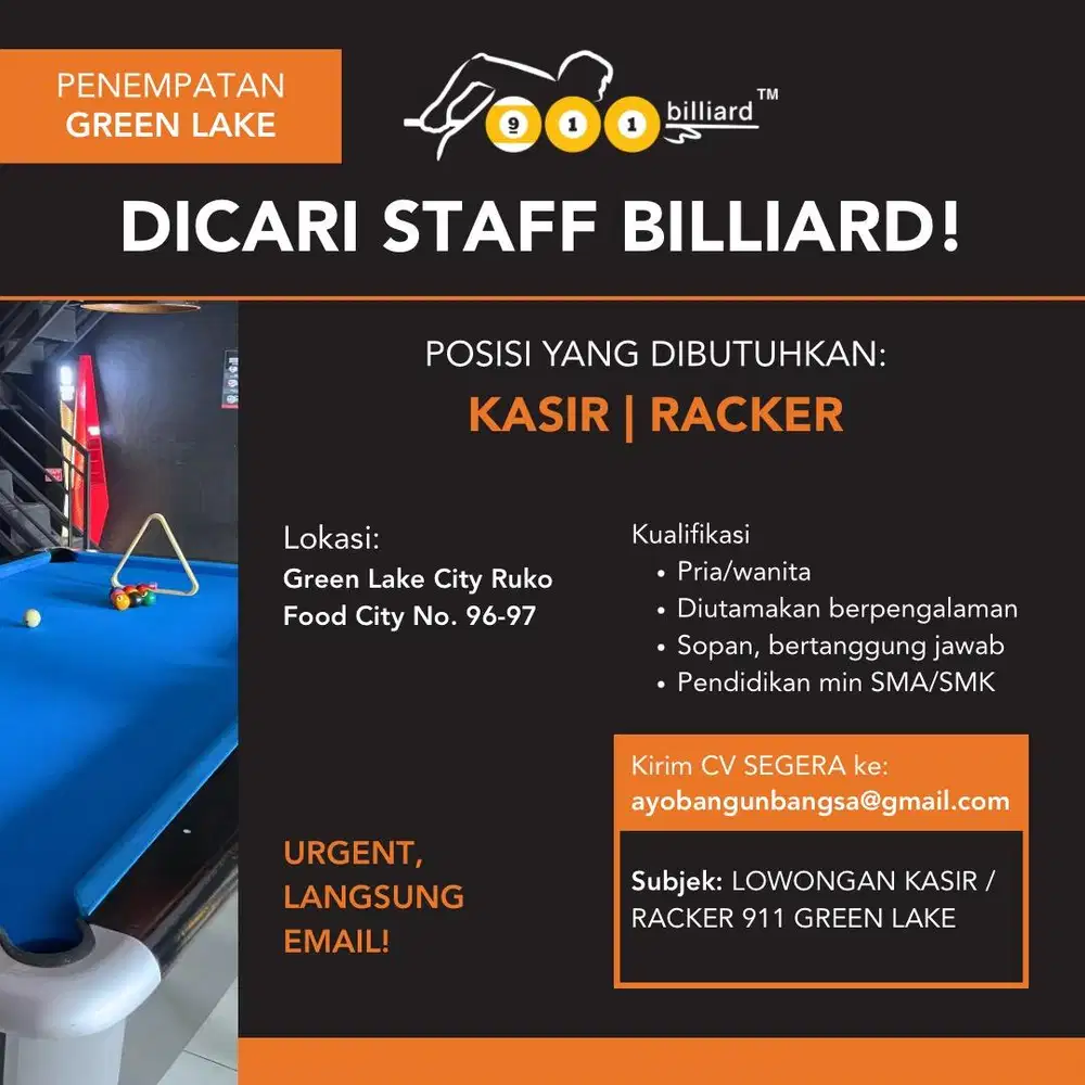 Lowongan Kasir / Racker 911 Billiard Green Lake