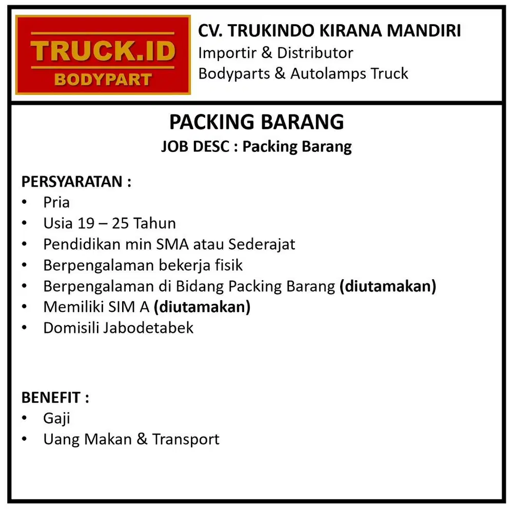 Packing barang sparepart truck