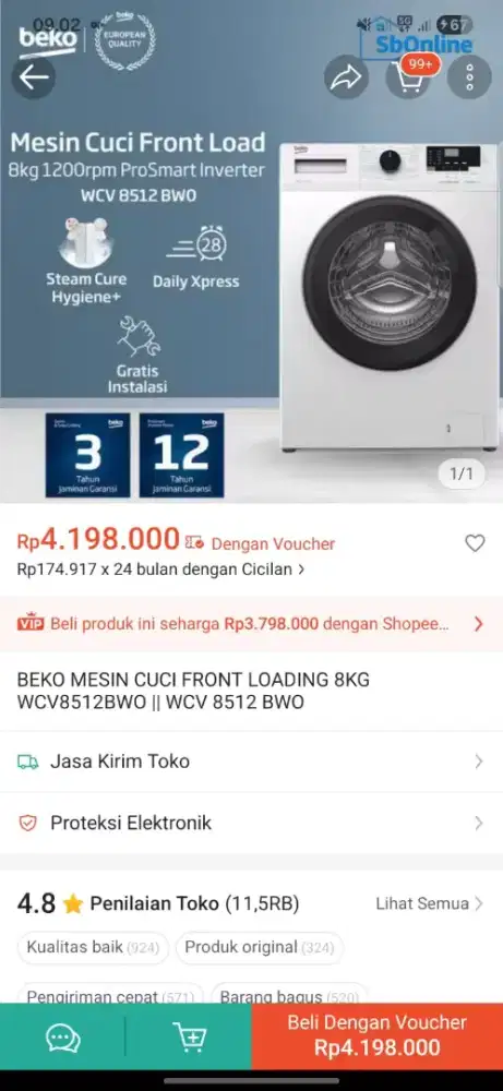 Mesin Cuci Front Loading Beko 8 Kg Inverter (WCV 8512 BW0)