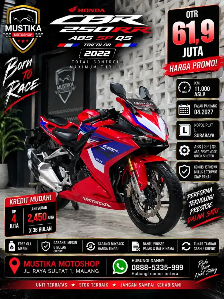 Km 11rb‼️CBR 250RR ABS SP QS Tricolor. DANNY Mustika Motor Sulfat