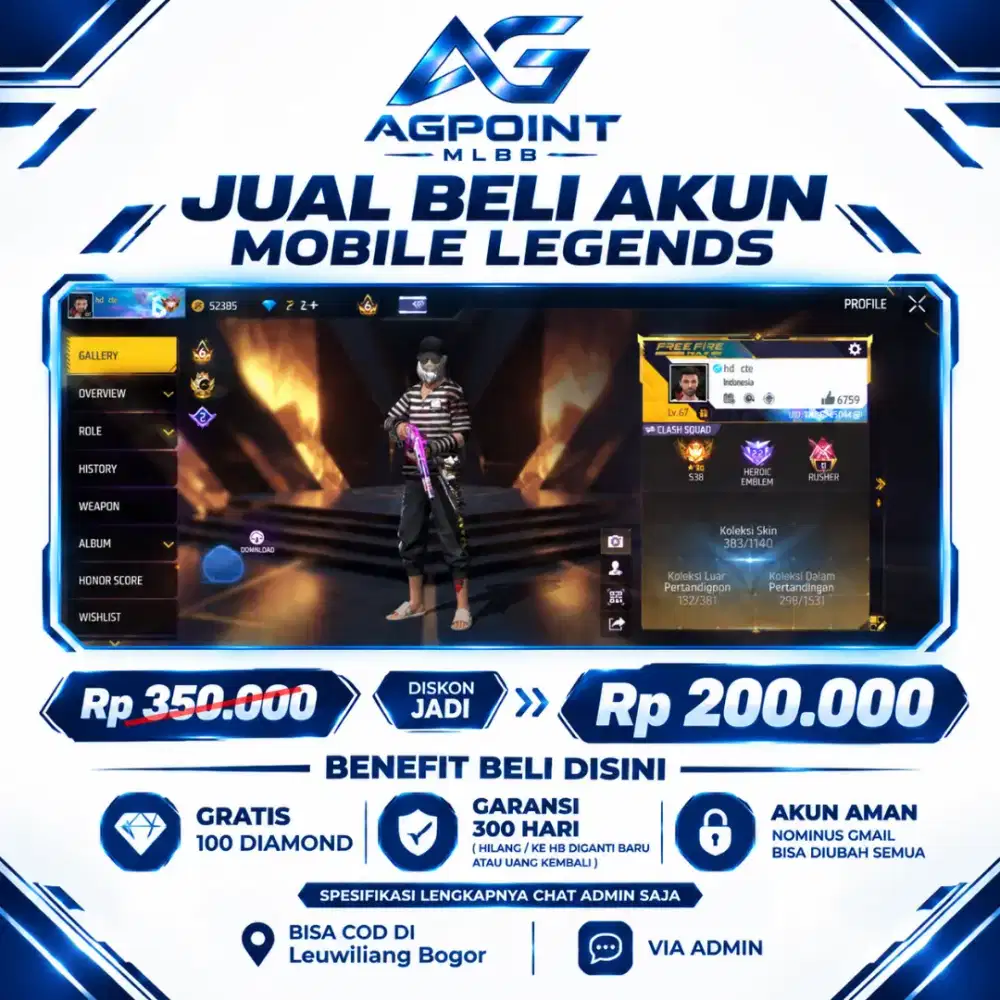 JUAL AKUN FREE FIRE 200K