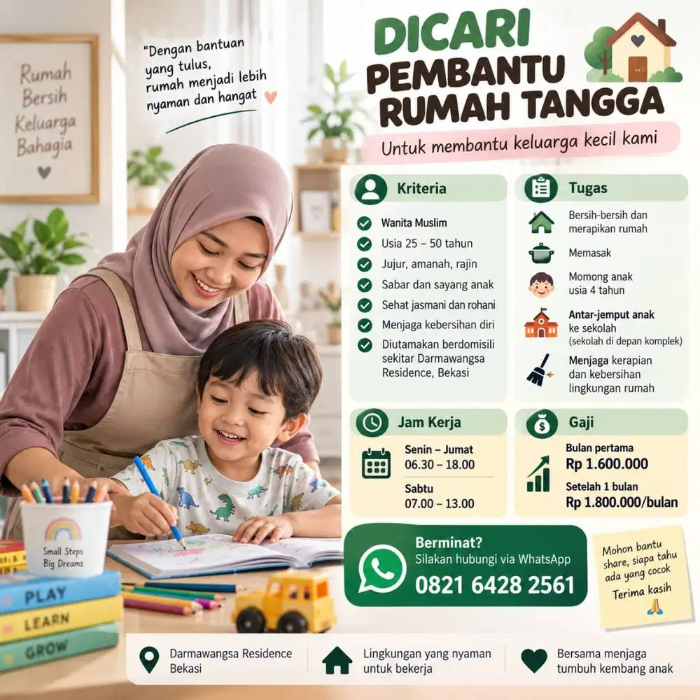 Loker ART Darmawangsa Residence Bekasi, Satria Mekar Tambun Utara (PP)