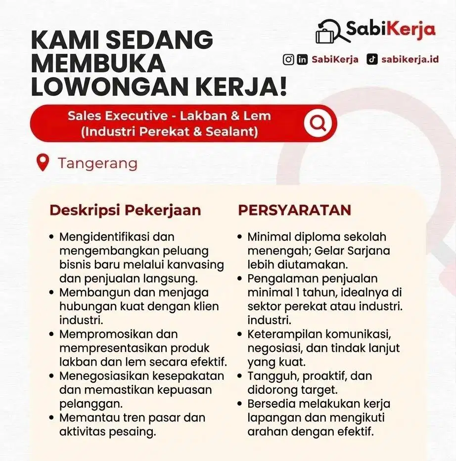 Lowongan Sales Executive – Industri Perekat & Sealant | Tangerang