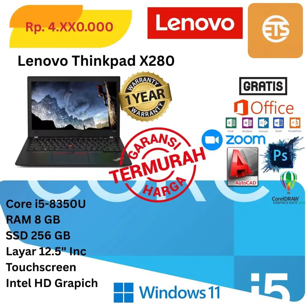 New Lenovo Thinkpad X280 Core i5-8350U Ram 8Gb SSD 256Gb Layar 12.5 In