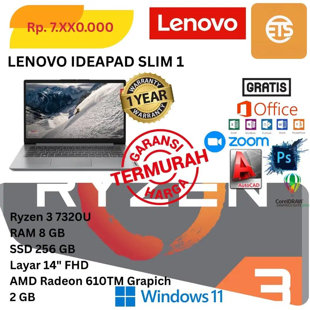 New Lenovo Ideapad Slim 1 Ryzen 3 7320U Ram 8Gb SSD 256Gb Radeon TM610
