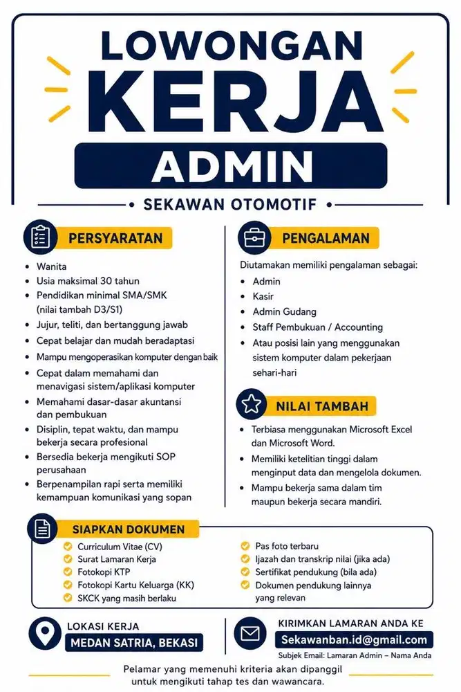 Lowongan Kerja Admin/Service Advisor/Mekanik