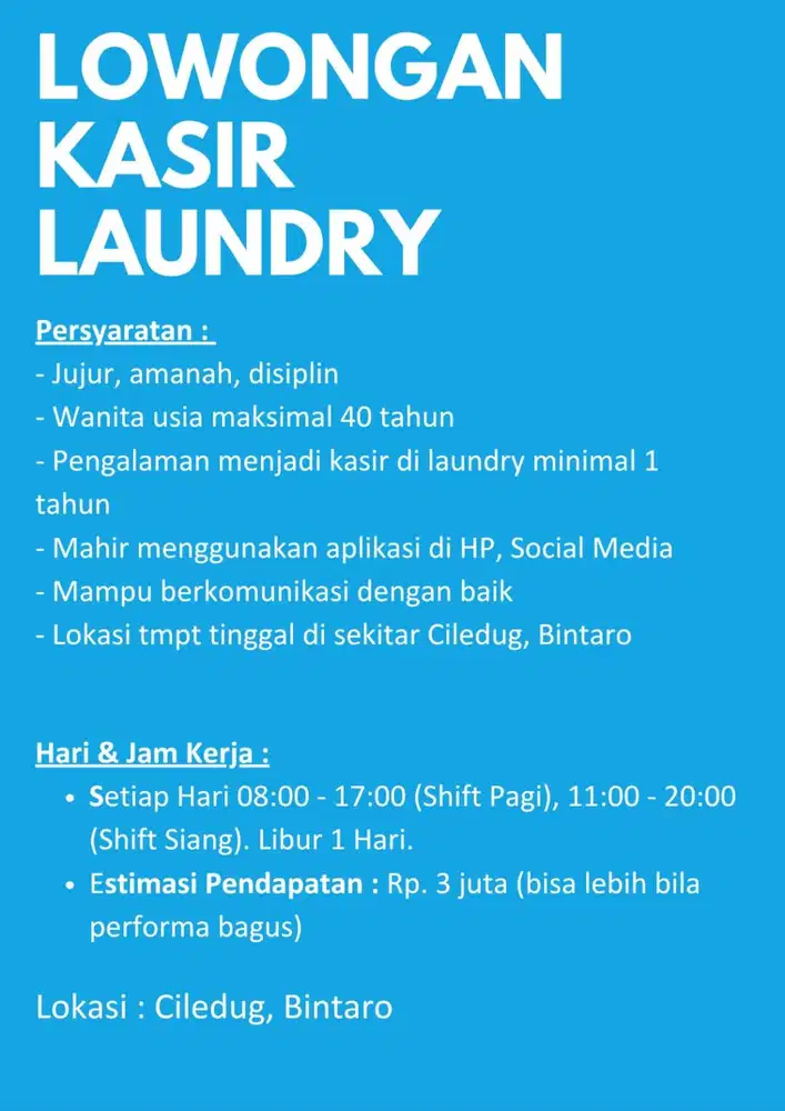 LOWONGAN KASIR LAUNDRY WANITA