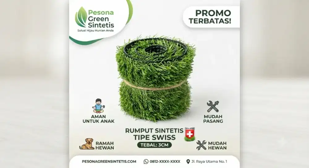 JUAL RUMPUT SINTETIS SWISS 3CM UNTUK DEKORASI TAMAN MINIMALIS RUMAHAN