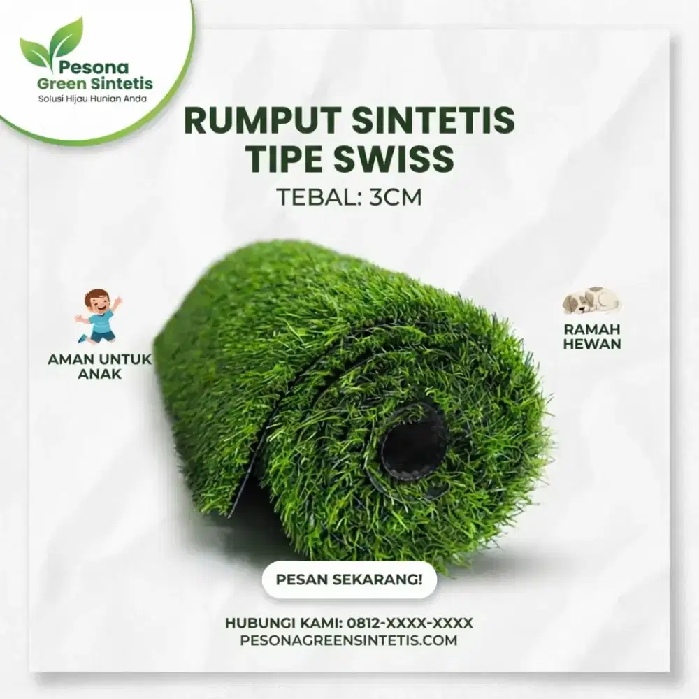 RUMPUT SINTETIS SWISS 3CM FULL HIJAU DEKORASI TAMAN MINIMALIS