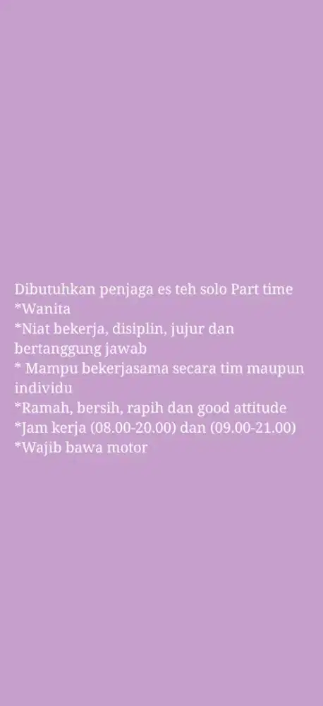 Lowongan kerja es teh solo Part time