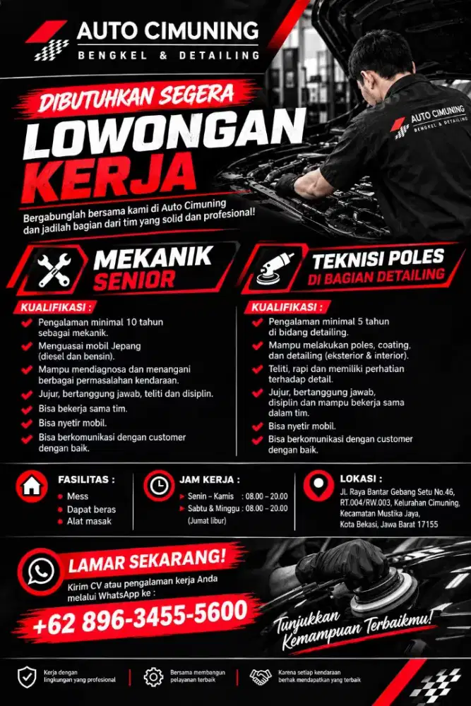 Di butuhkan mekanik mobil dan teknisi poles