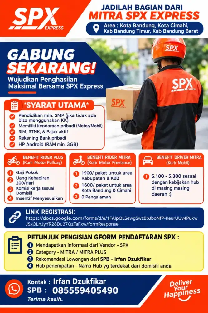 NEED URGENT KURIR SPX AREA CIMAHI, BANDUNG DAN KABUPATEN BANDUNG Barat
